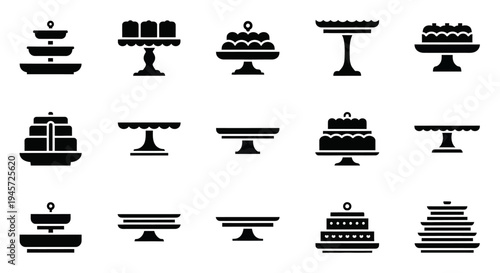 Collection of Various Cake Stands and Dessert Display Holders Illustrated in Black and White