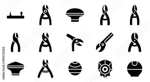 Collection of black and white icons representing tools and objects, including pliers, clamps, and circular shapes