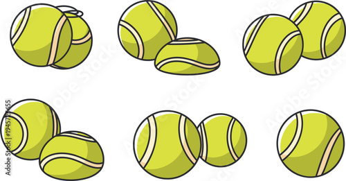 Tennis balls set with single and stacked sports balls for tennis game equipment training and athletic competition vector illustration