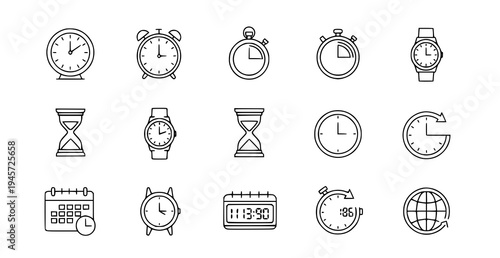 Time and clock thin line icon set with alarm stopwatch timer and watch outline vector collection