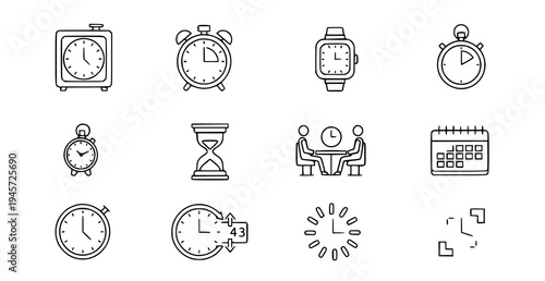 Clock and time management outline icon collection thin line stopwatch alarm and timer vector set