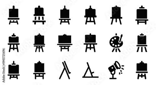 Comprehensive collection of minimalist easel vector icons representing various art setups, painting tools, and creative studio equipment for artistic design projects and digital illustrations