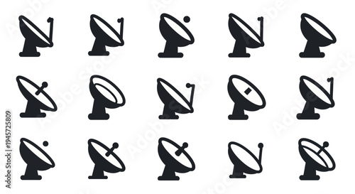 A diverse collection of fifteen distinct satellite dish icons, symbolizing advanced global communication, modern broadcasting, and robust telecommunication technology, ideal for digital media