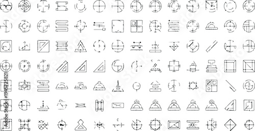 Geometric construction and measurement line icons set including compass ruler angle grid alignment tools technical drawing vector collection
