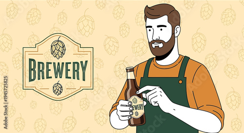 Craft Brewery Owner Holding Beer Bottle with Logo and Hop Pattern Background