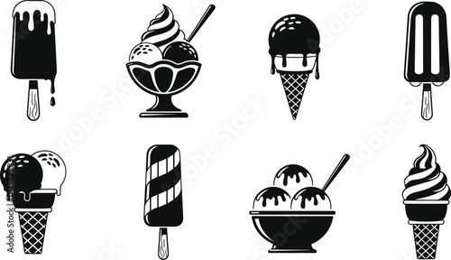 Ice Cream and Popsicle Silhouette Icon Set with Cones, Sundae Bowls, and Frozen Desserts for Summer Food, Cafe Menu, and Sweet Treat Design