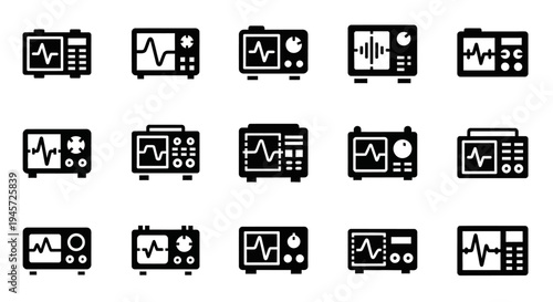 Comprehensive collection of medical heart monitor icons, illustrating various ECG devices for vital sign tracking, emergency diagnostics, and advanced healthcare technology applications