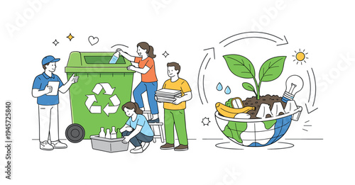 People recycling and a plant growing on Earth symbolizing environmental protection. Illustrative scene showing diverse individuals actively participating in recycling efforts and a