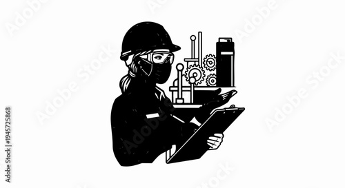 Technician in safety gear inspects mechanical components and takes notes