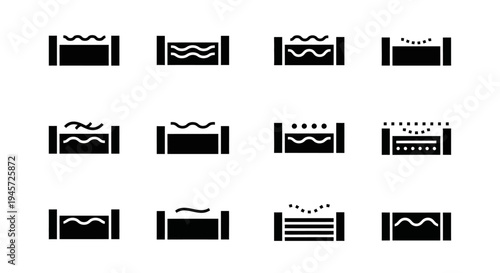 Modern graphic icon set featuring various container fill levels, liquid dynamics, and substance states, ideal for user interface design, status indicators, and data representation visuals