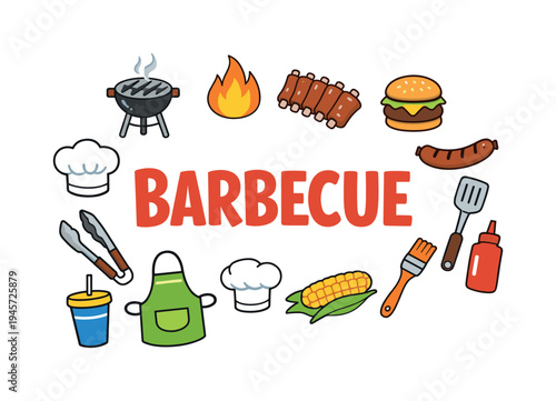 Casual outdoor food preparation concept highlighting grilling traditions, smoky flavors and relaxed summer cooking shared with friends and family. BARBECUE central title with flat doodle
