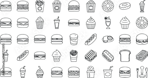 Fast food line icons set including burgers fries hotdog donut soda cupcake popcorn and snack meal outline vector collection