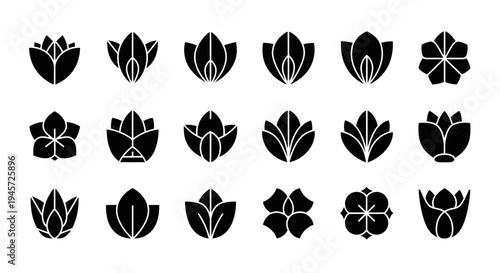 A diverse collection of elegant floral silhouette icons, featuring various stylized lotus and blossom designs, ideal for nature-inspired branding, web interfaces, and graphic design