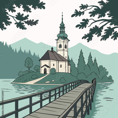 Island church with wooden bridge and mountain background