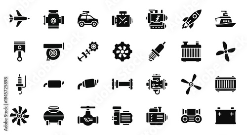 Extensive collection of black silhouette icons depicting essential vehicle components, internal engine parts, and diverse transportation technology, ideal for modern design applications