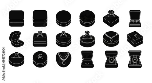 Elegant and Diverse Collection of Black Silhouette Icons Featuring Various Jewelry Boxes and Precious Items like Engagement Rings, Necklaces, and Wristwatches, Ideal for Luxury Retail