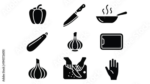 A collection of professional kitchen and cooking silhouette icons