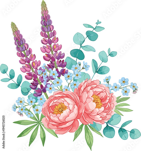 Romantic peony lupine and forget me not floral bouquet with eucalyptus leaves botanical spring garden flowers vector illustration