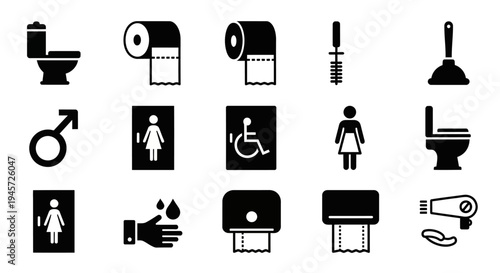 Set of black and white icons representing various bathroom amenities and facilities including toilet paper, a plunger, male and female symbols, disabled access, and a hand dryer