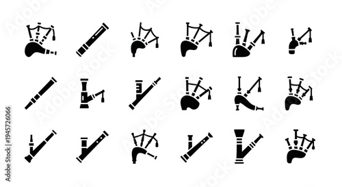 Collection of different types of bagpipes, a woodwind instrument icon set featuring various designs and forms