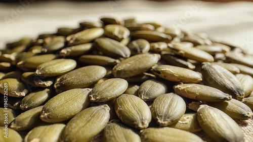 Close up of a pile of roasted pumpkin seeds on a textured surface