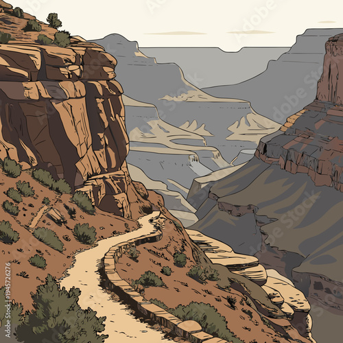 Grand canyon trail with layered rock formations with national park