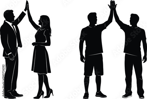 People giving high five silhouettes, business colleagues and friends celebrating teamwork success gesture vector illustration isolated on white background