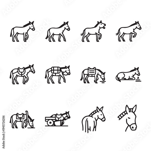 Donkey Icons Set: Various Poses and Activities Line Art