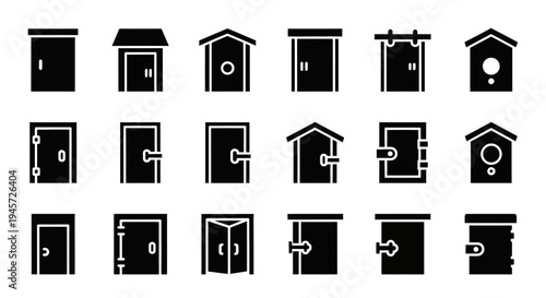 Diverse set of black silhouette door icons, illustrating various styles of entryways and architectural elements, conveying the concept of access, privacy, and home design