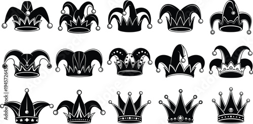 Jester Crown Hat Silhouette Collection with Carnival Joker Caps and Royal Crown Designs for Circus, Medieval Festival, and Costume Illustration