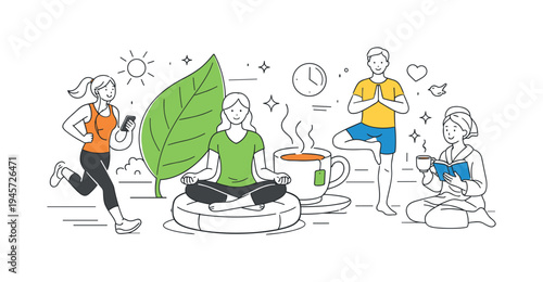 Healthy lifestyle activities: running, yoga, tea, and reading for well-being. A diverse group of people engage in various healthy habits, showcasing a balanced and mindful approach