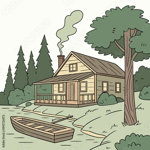 Rustic cabin by the lake with rowboat