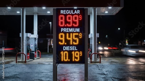 Nighttime Gas Station Price Sign Showing Fuel Costs in Dollars