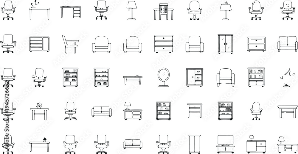 Obraz premium Furniture line icons set including chairs tables cabinets shelves lamps sofa wardrobe and office furniture outline vector collection isolated on white background