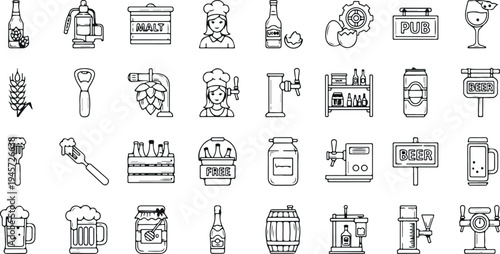 Beer and brewery line icons set including mug bottle barrel hops pub sign brewing equipment bartender alcohol drink outline vector collection