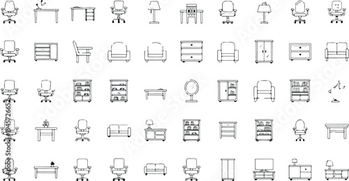 Furniture line icons set including chairs tables cabinets shelves lamps sofa wardrobe and office furniture outline vector collection isolated on white background
