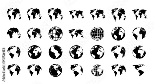 A comprehensive collection of black and white world map and earth globe illustrations, ideal for symbolizing global communication, international travel, and interconnected digital networks