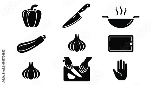 Black and white icons depict cooking utensils and food preparation