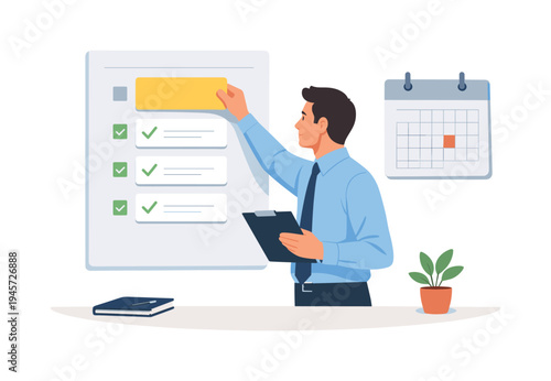 Man organizing tasks on a checklist board with a calendar in the background. A businessman is actively managing his schedule by placing a yellow card on a task board, with a