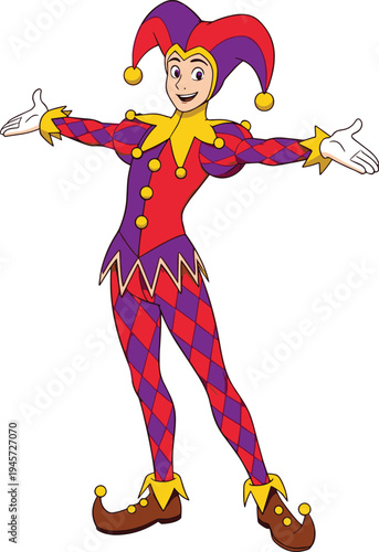 Colorful Harlequin Jester Character in Medieval Carnival Costume with Bells and Diamond Pattern for Circus, Theater, and Entertainment Illustration