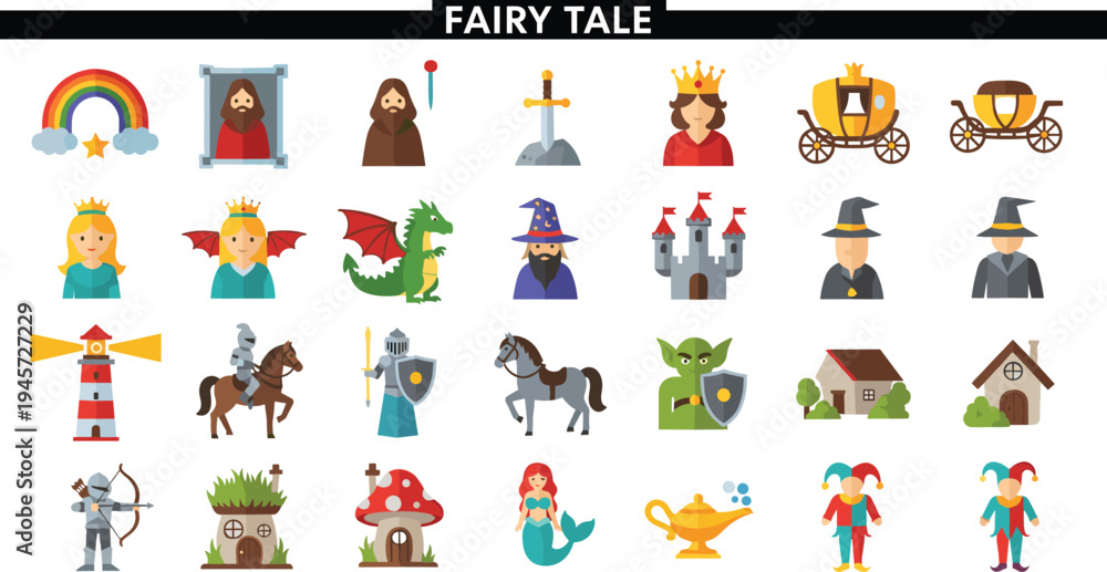 Obraz premium Fairy Tale Fantasy Icon Set Featuring Princess, Dragon, Wizard, Knight, Castle, Mermaid, Lamp, Carriage, and Magical Storybook Characters