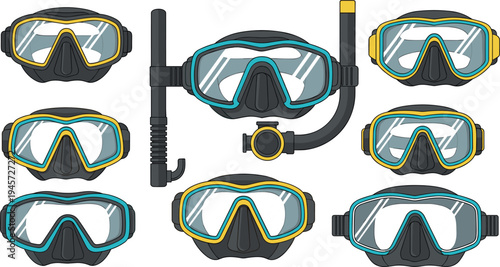 Diving mask and snorkel equipment set with underwater swimming goggles and breathing tube for snorkeling and scuba diving vector illustration