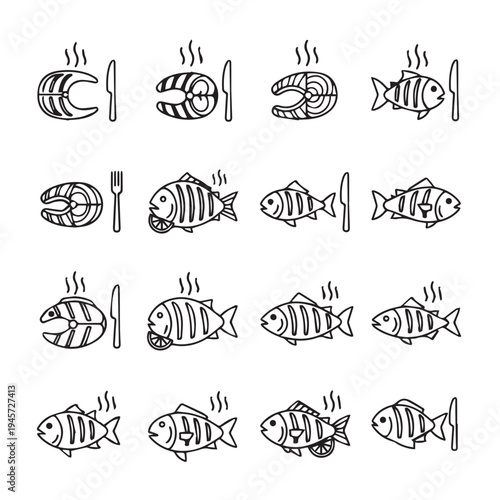 Fish Meal Icons Set Steaming Food Cutlery Seafood Dishes Vector Graphics