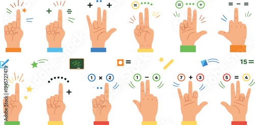 Finger Counting Math Clipart Set with Hand Gestures Showing Addition, Subtraction and Numbers for Kids Education and Preschool Learning Illustration