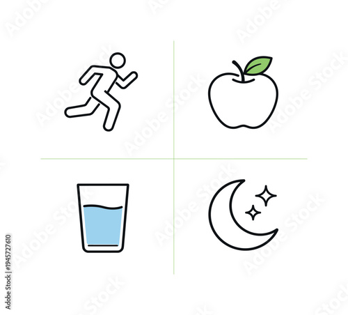Healthy lifestyle icons: running, apple, water, and sleep. A collection of simple line icons representing key elements of a healthy lifestyle, including exercise, nutrition