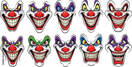 Creepy Evil Clown Faces Collection with Red Noses and Sharp Teeth for Halloween, Horror, Carnival, and Scary Mascot Design