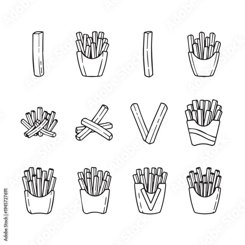 French Fries Collection Icon Set Hand Drawn Style