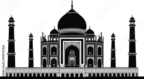 Taj Mahal silhouette vector illustration, famous India monument with domes and minarets, Mughal architecture landmark isolated on white background