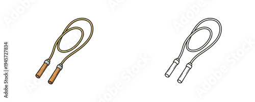 Jump rope in flat cartoon and linear styles with wooden handles representing sports equipment for fitness and exercise on white background