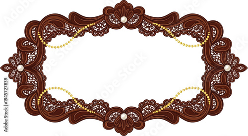 An ornate brown frame with golden accents and floral designs on a white background